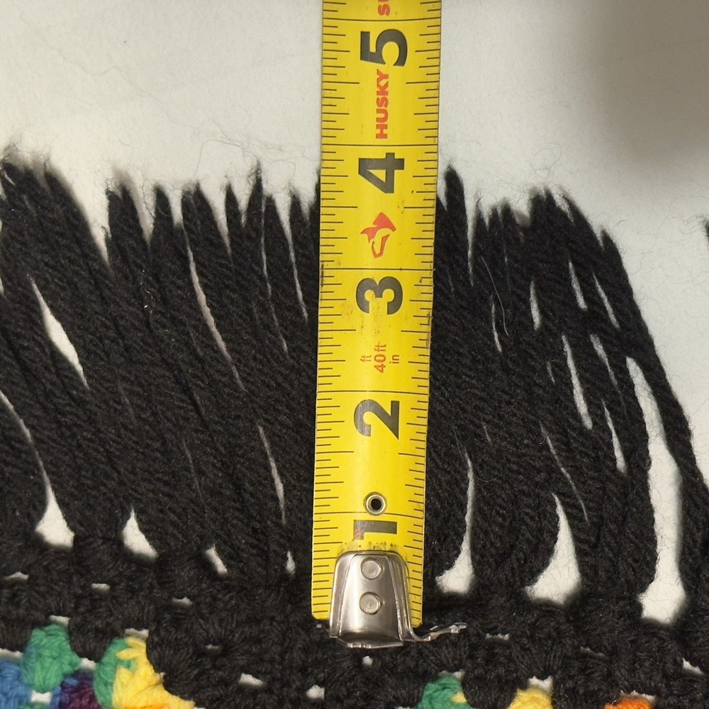 Vtg Handmade Crochet Knit Granny Square Throw Blanket Cottagecore Black Fringe - Picture 8 of 10